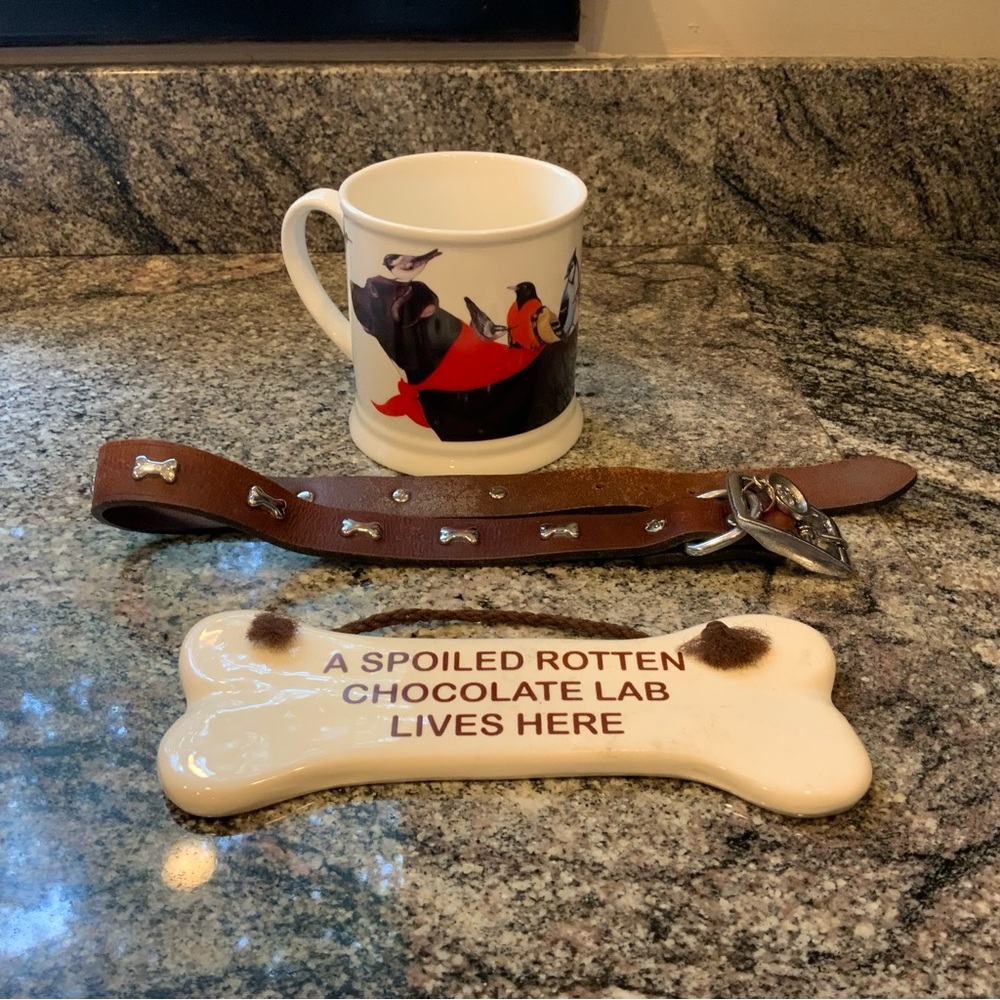 Chocolate Labrador Bundle Wendy Russell Mug, XL leather collar &home accent sign